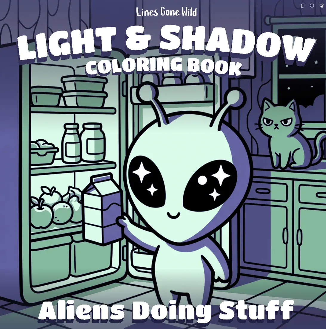 Aliens Doing Stuff — Light and Shadow coloring book cover: an alien raiding the fridge at night