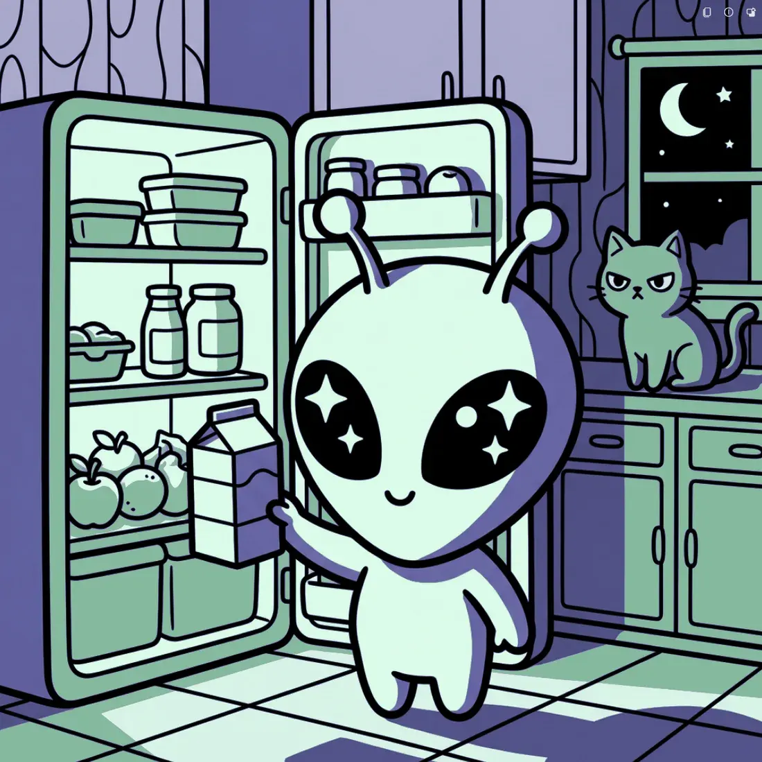 The same page fully colored in moonlit purples and mint greens