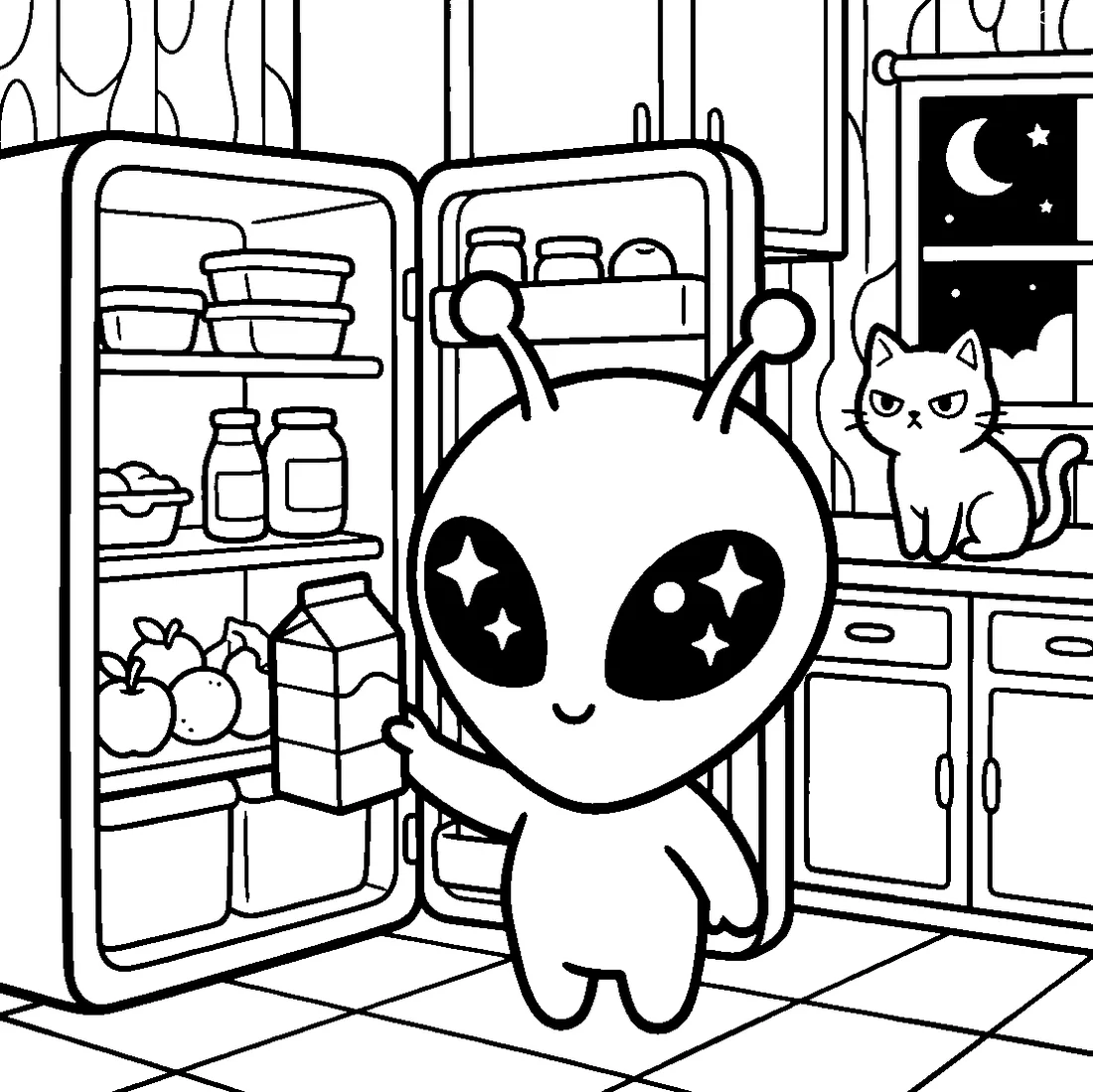 Coloring page in lineart: an alien raiding the fridge at night while a grumpy cat watches