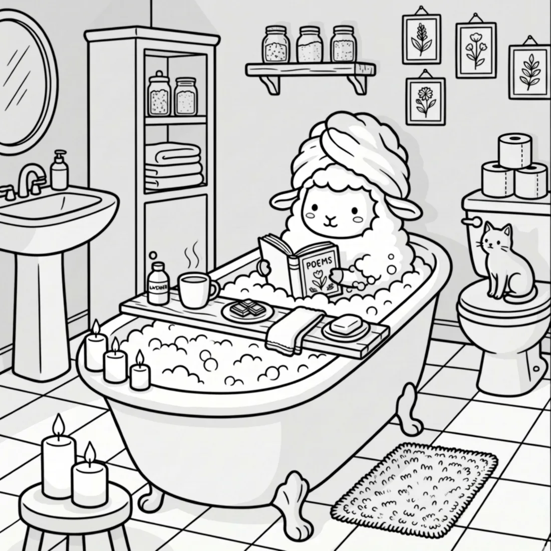 Stage one: the coloring page, clean lineart with soft built-in light cues