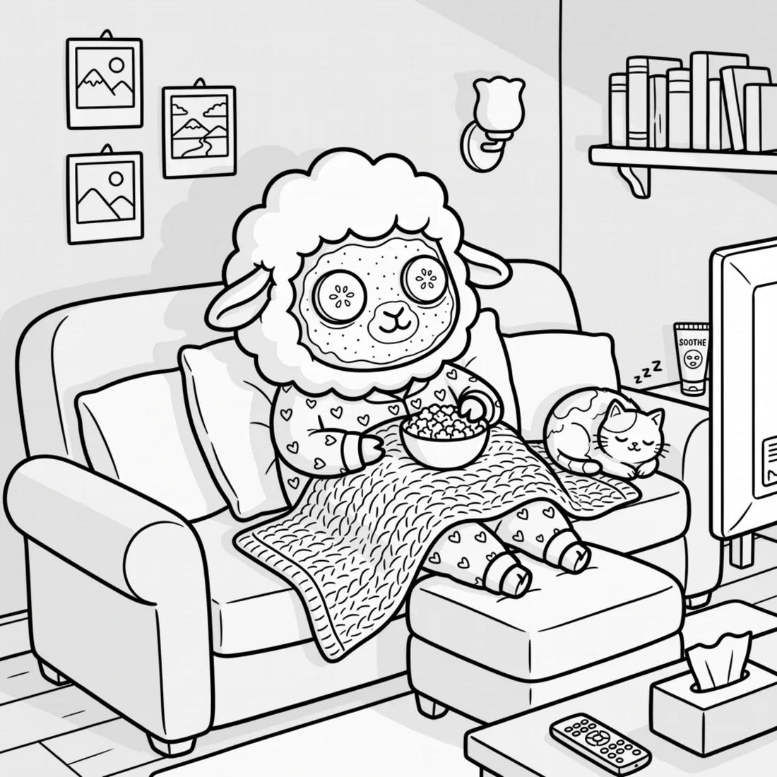 The coloring page itself: clean lineart with soft built-in light cues