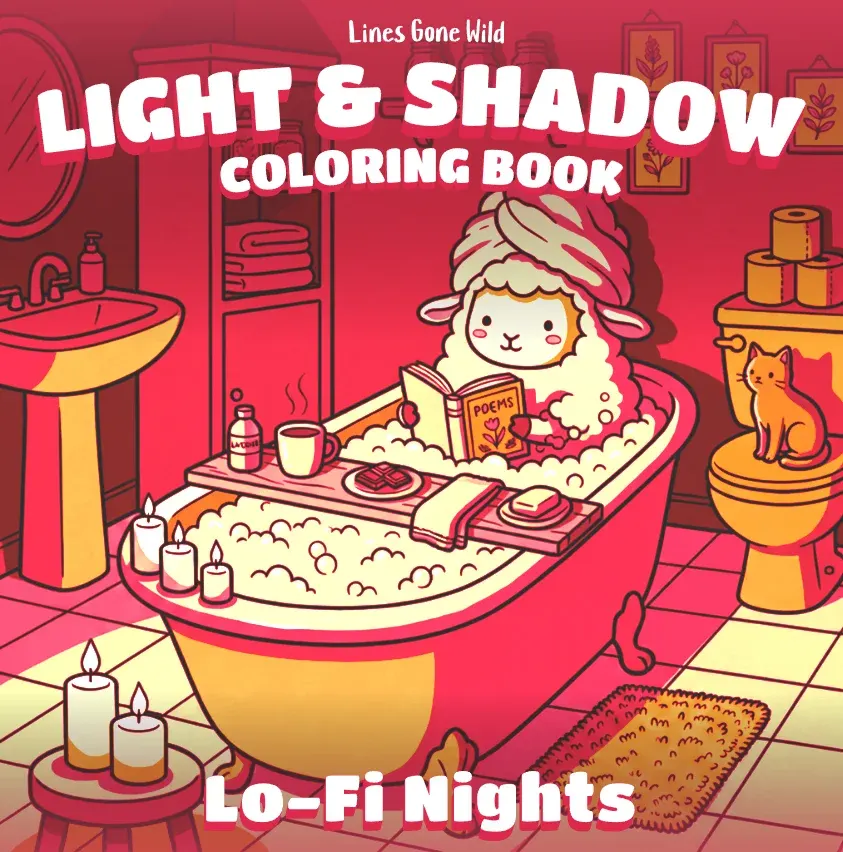 Sheep in Pajamas — Lo-Fi Nights: Light and Shadow coloring book cover, a sheep with a towel turban reading in a candlelit bubble bath